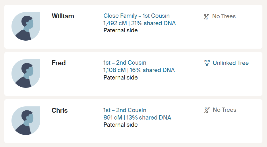 Justins's DNA match list