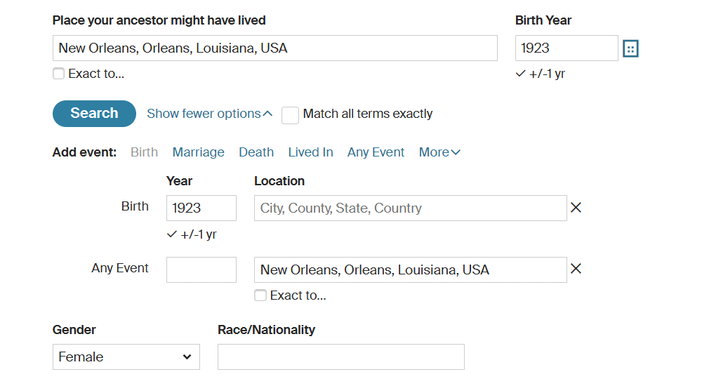 Ancestry Search Options